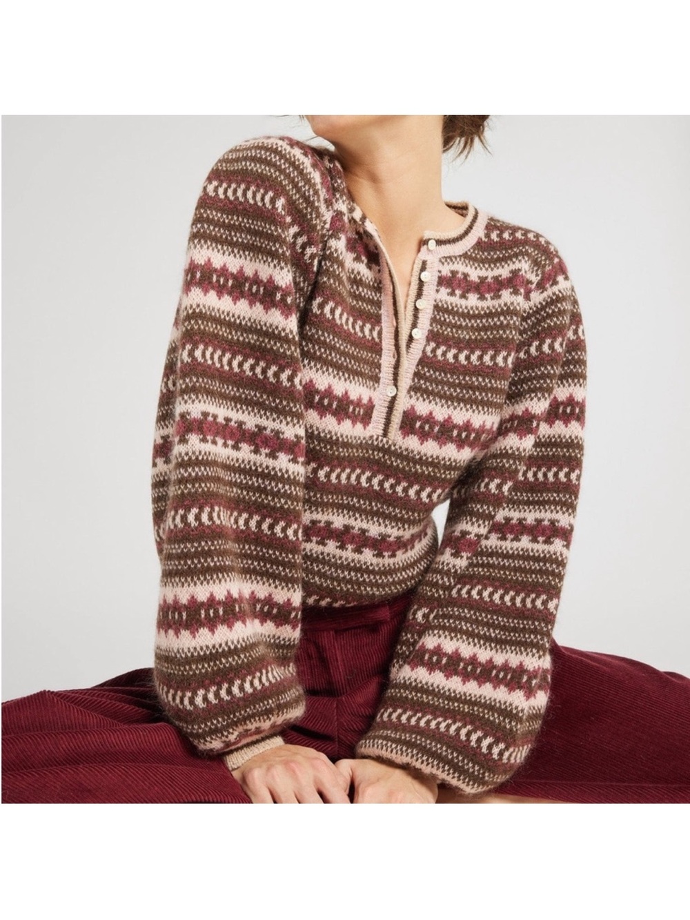 Fair Isle Henley Crewneck Sweater in Brown and Pink